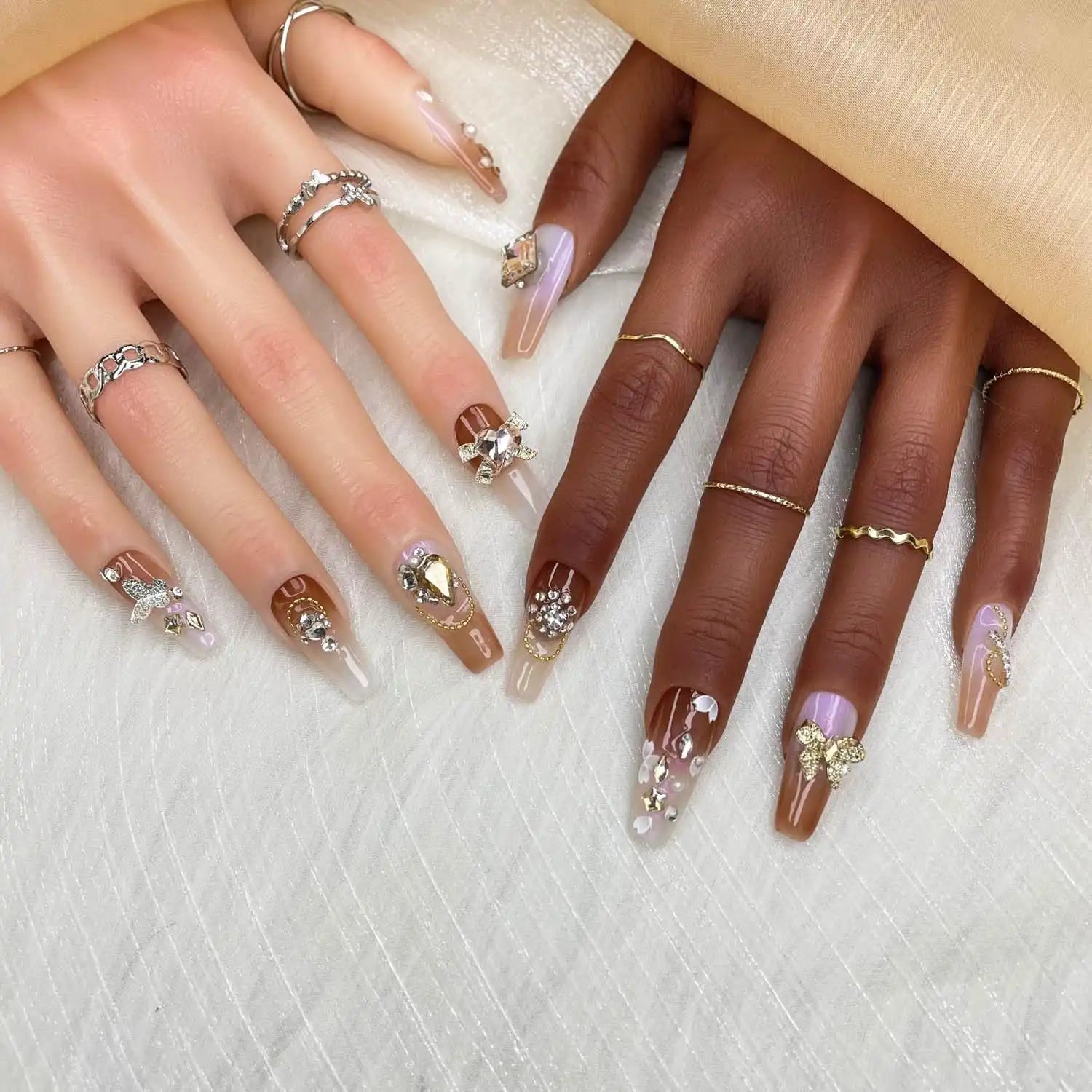 Handmade nude false nails with ivory and gold 3D accents
