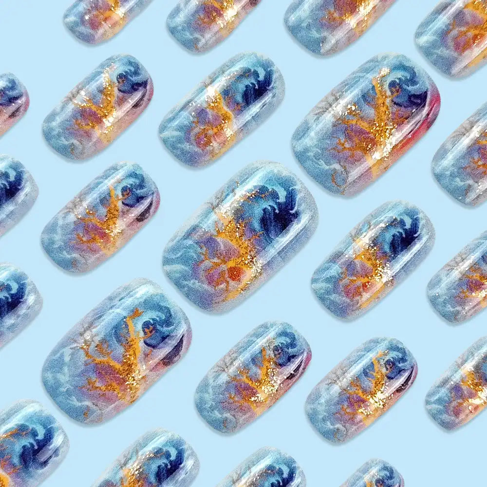 UV-finished nail art with glowing electric blue gradient
